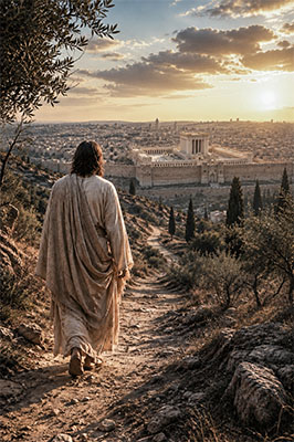 Jesus approaches Jerusalem from the Mount of Olives